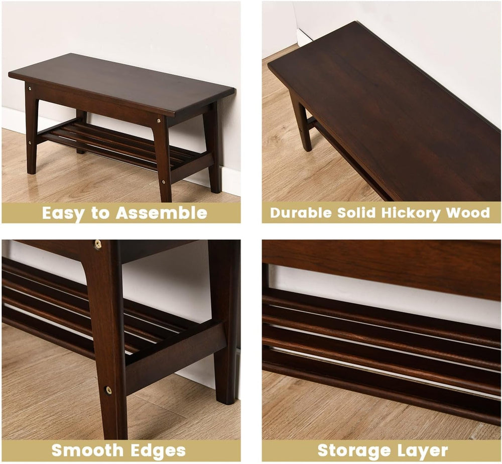 CONSDAN Wood Shoe Bench Rack, USA Grown Hickory, Entryway Bench with Shoe Sto...