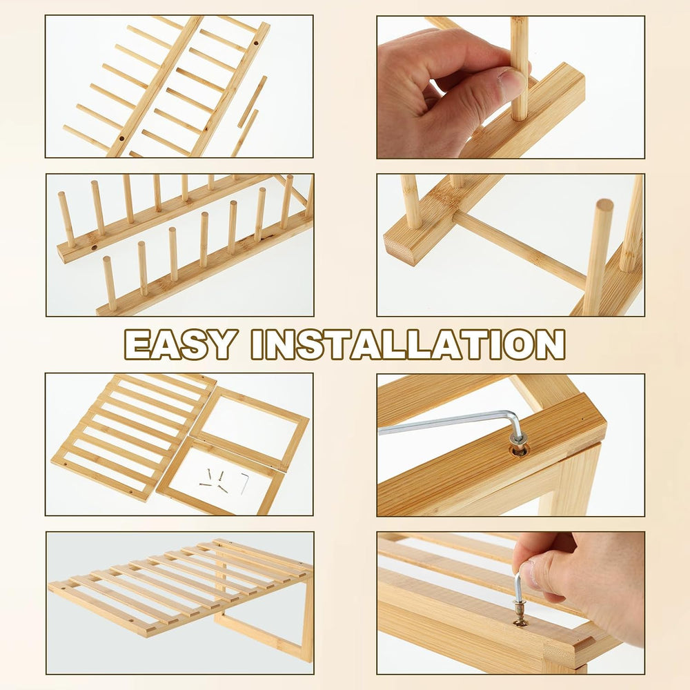 4 Pcs Cabinet Organizer Shelf and Bamboo Dish Drying Plate Rack, Kitchen Orga...