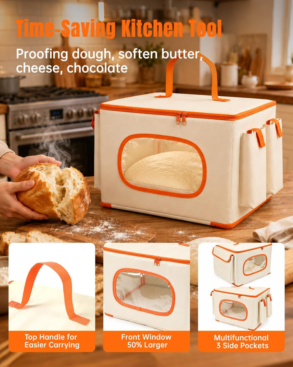 Foldable Bread Proofing Box with Temp Control, 3 Side Pockets &Front Window