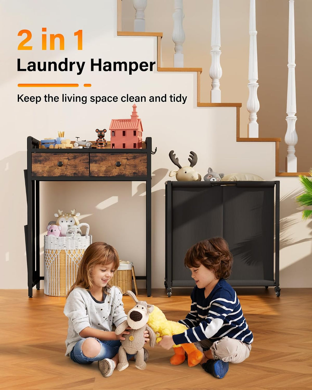 Laundry Hamper Basket 2 Section : Rolling Laundry Sorter Organizer with Wheel...