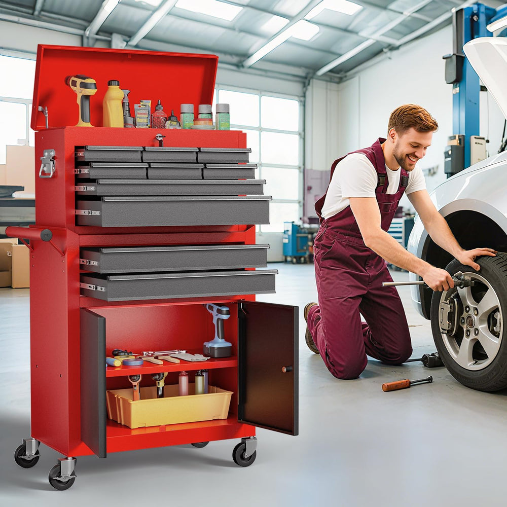 10-Drawer Rolling Tool Chest with wheels, Lockable 2-in-1 Tool Box