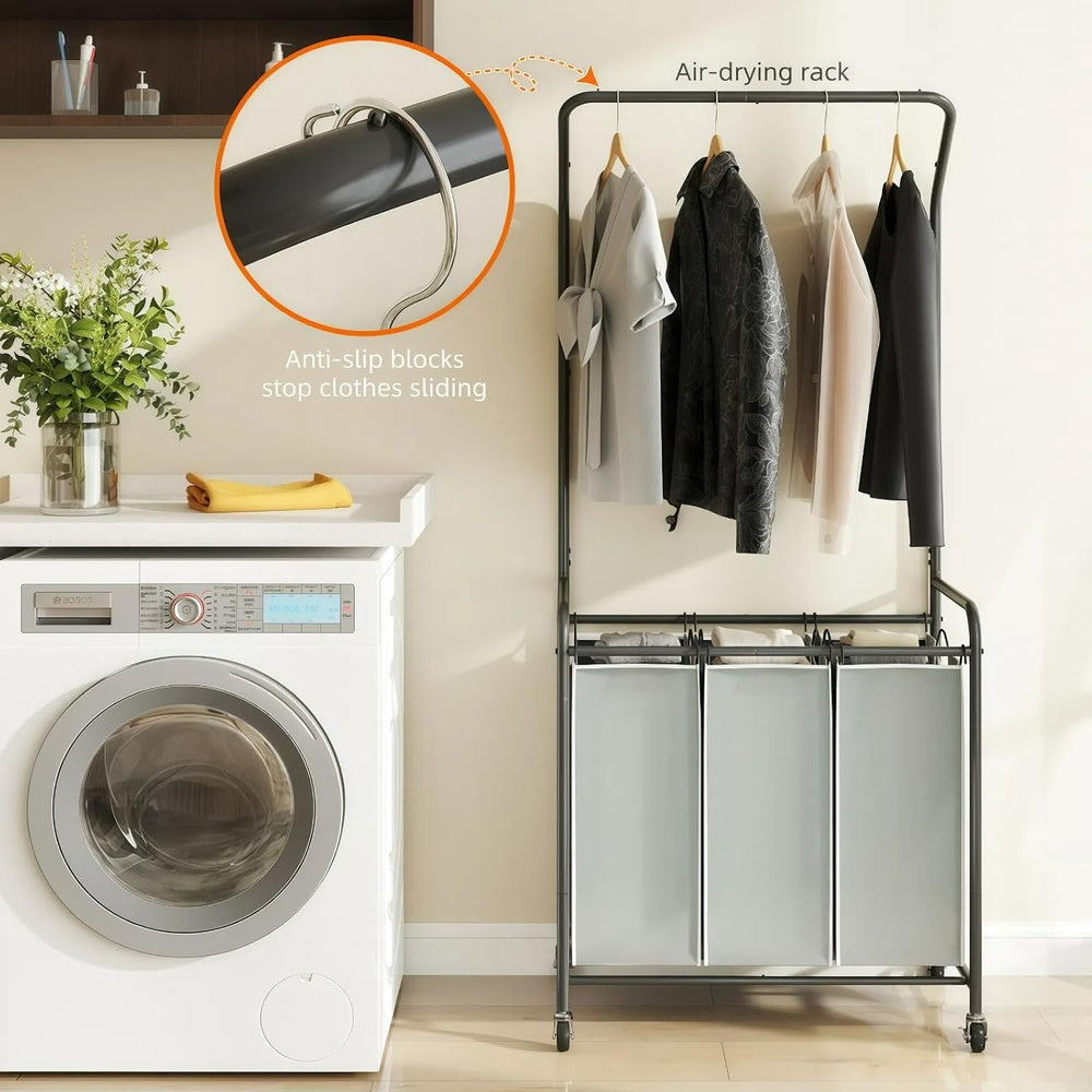 ROMOON Laundry Sorter Hamper with Hanging Bar, 3 Section Laundry Cart