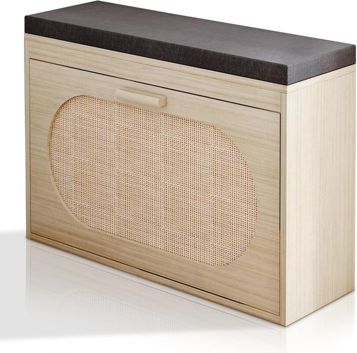 Rattan Shoe Storage Cabinet, Hidden Compartment Shoe Rack, Rattan Shoe Rack, Hallway Shoe Bench, Freestanding Shoe Cabinet Organizer, with Seat Cushion, for Entryway, Living Room, Apartment (Natural)