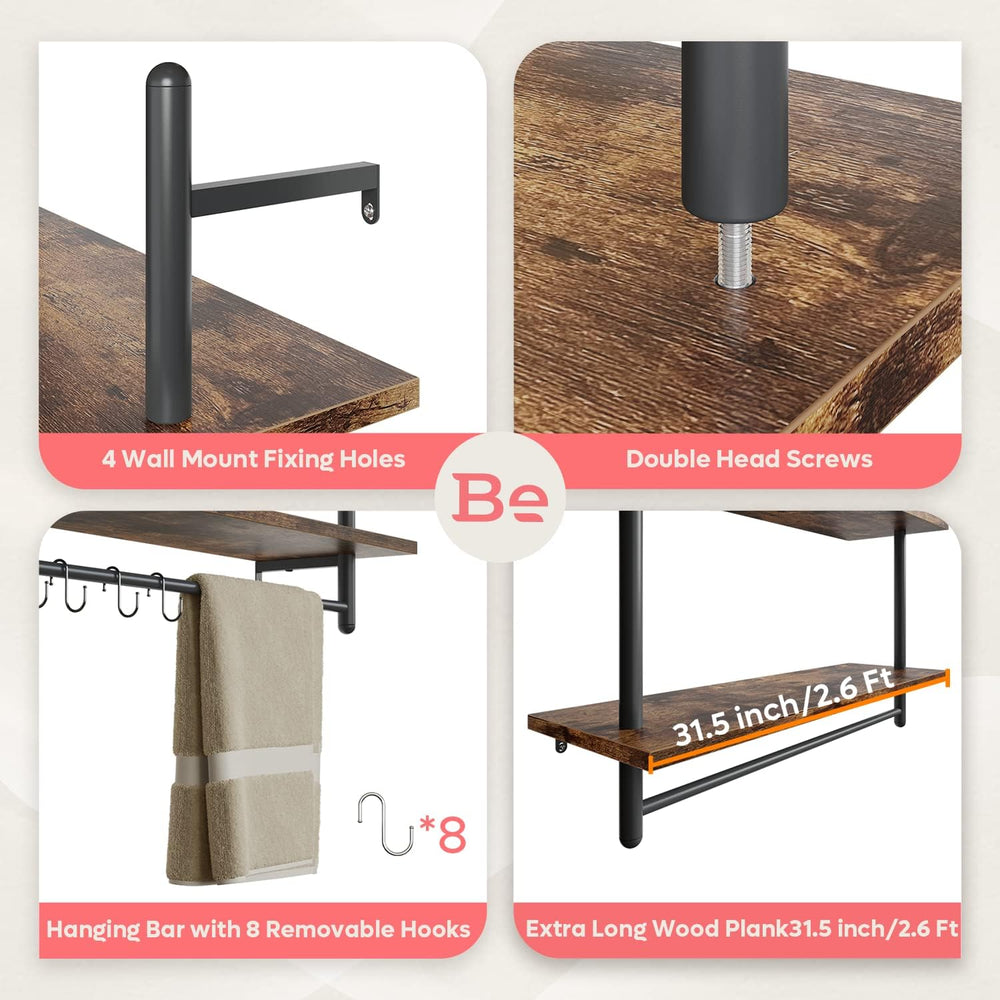 Bestier 31" Industrial Pipe Wall Shelf with Towel Bar, Rustic Brown