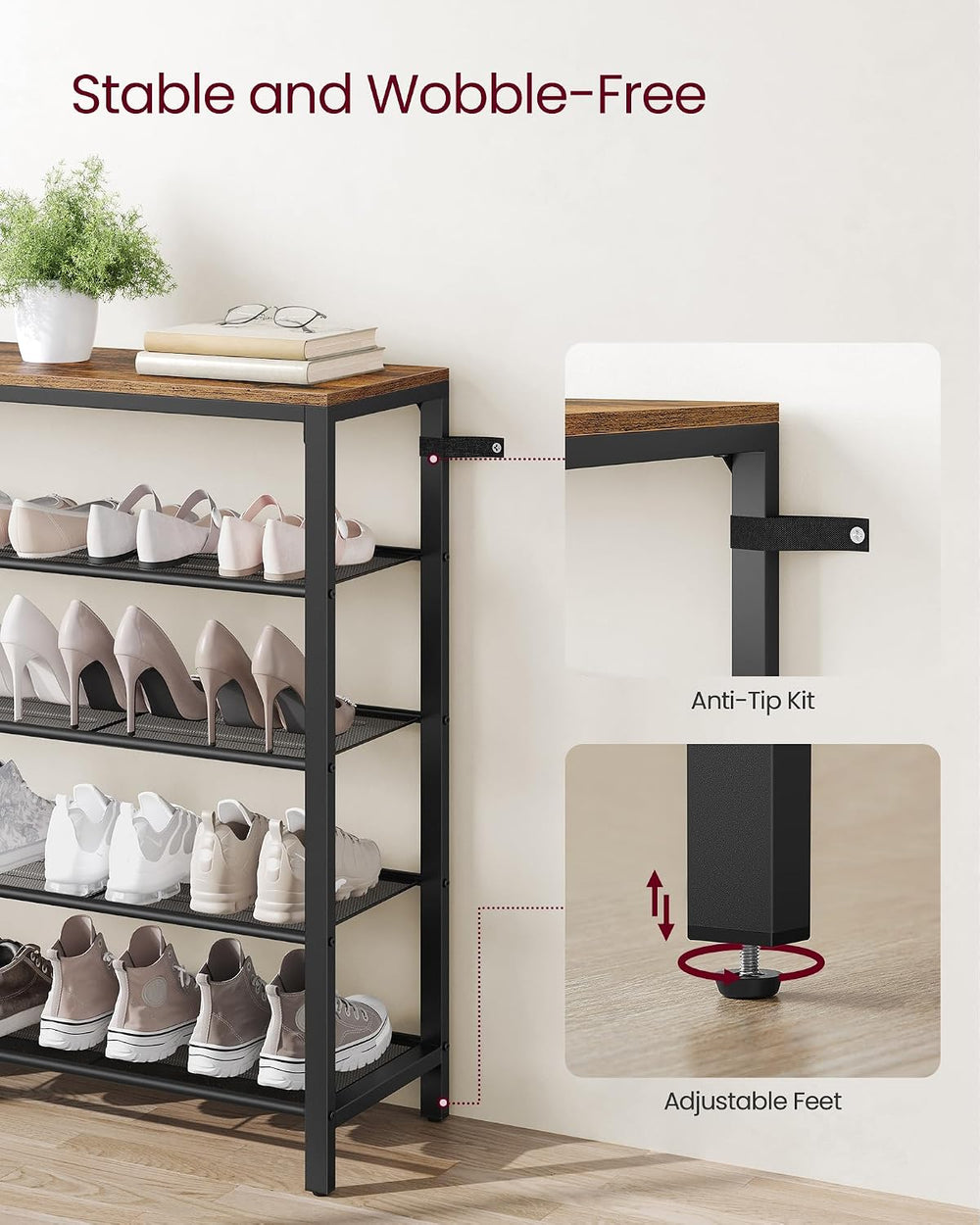 VASAGLE 5-Tier Shoe Rack, 16-20 Pairs, Metal Mesh