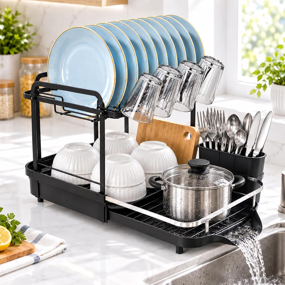 2 Tier Dish Drying Rack, Dish Drainer with Drainboard Set, Black