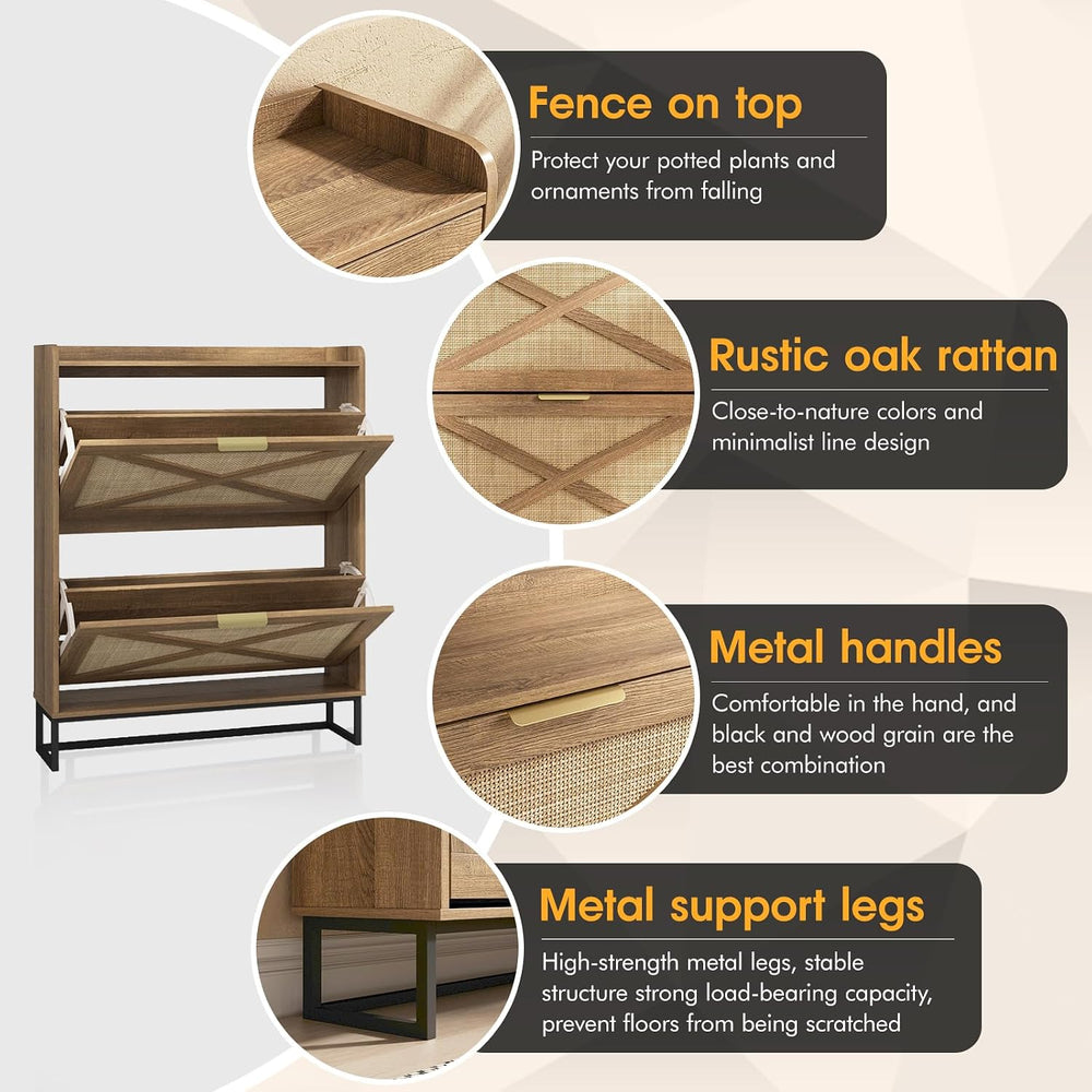 Maupvit Shoe Storage Cabinet with 2 Rattan Flip Drawers, Freestanding Organiz...