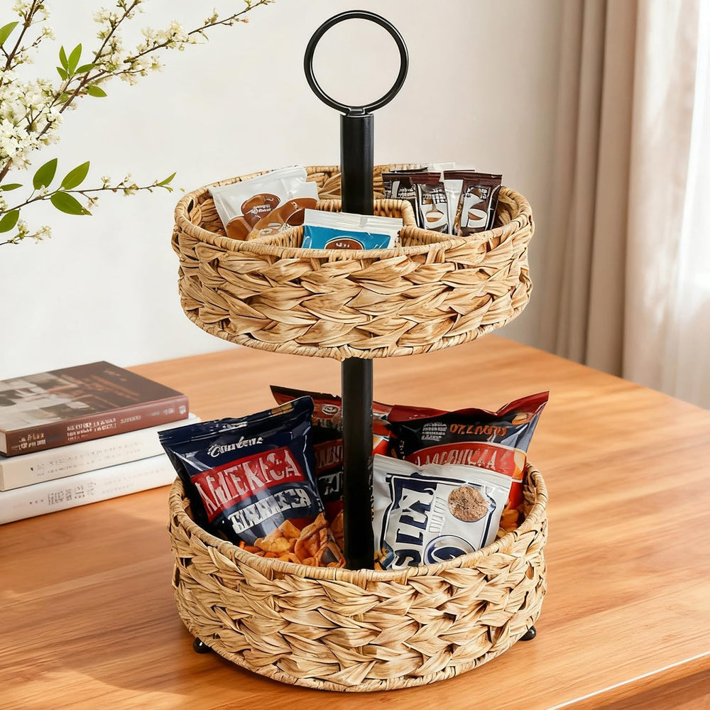 2-Tier Round Faux Rattan Wicker Storage Basket with Metal Frame, Countertop O...