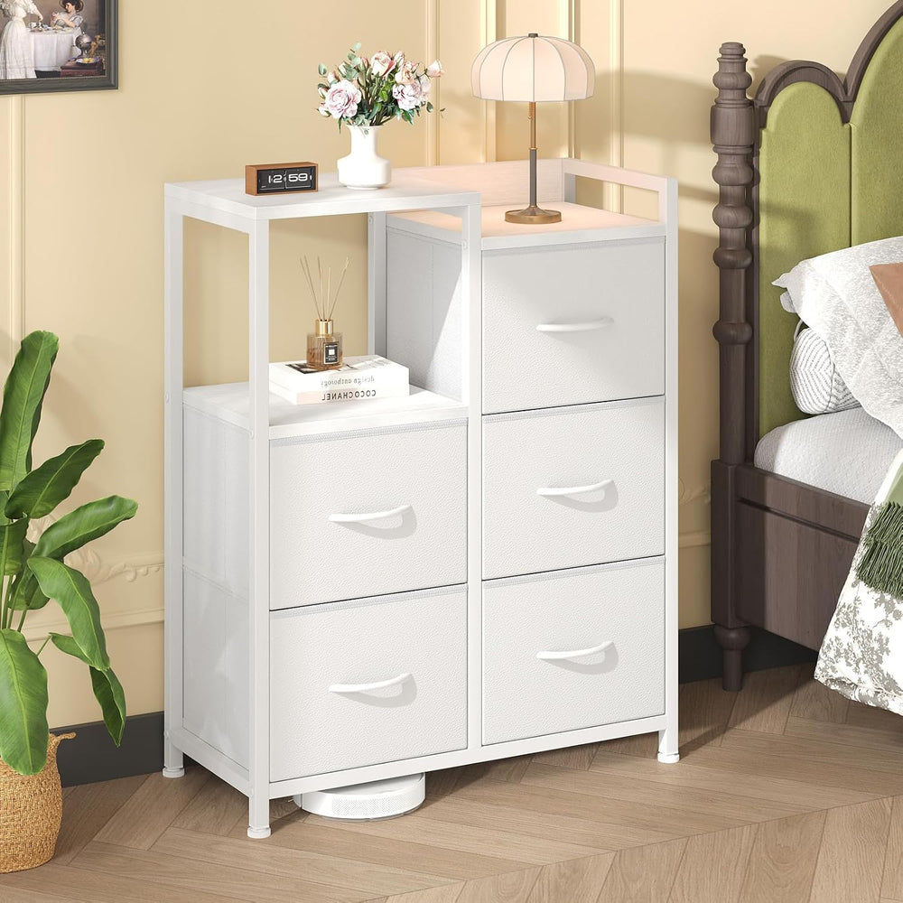 OLIXIS Fabric Dresser, 5 Drawer White Storage Tower with Open Shelf