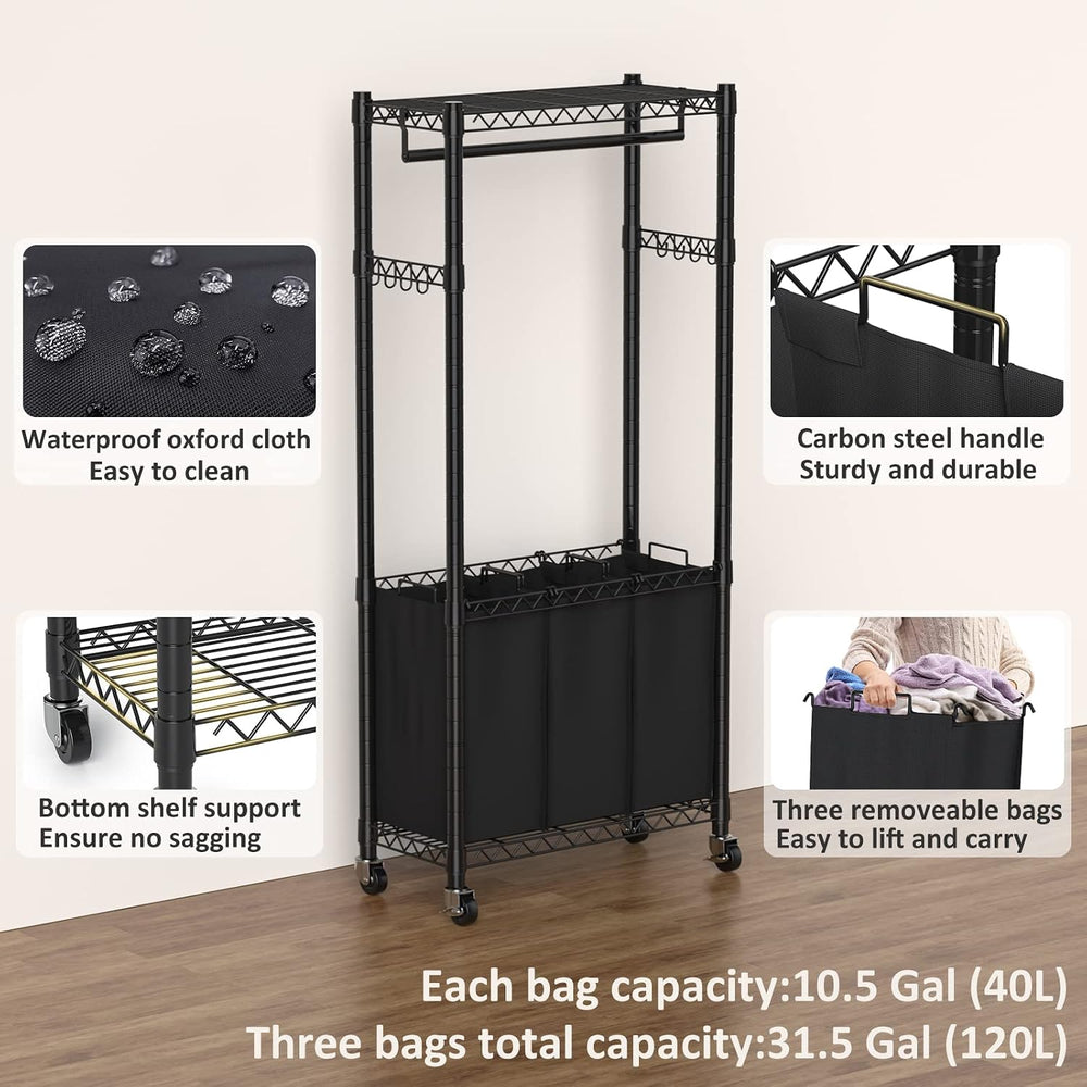 Hodonas Rolling Laundry Basket with Wheels and Hanging Bar, Black