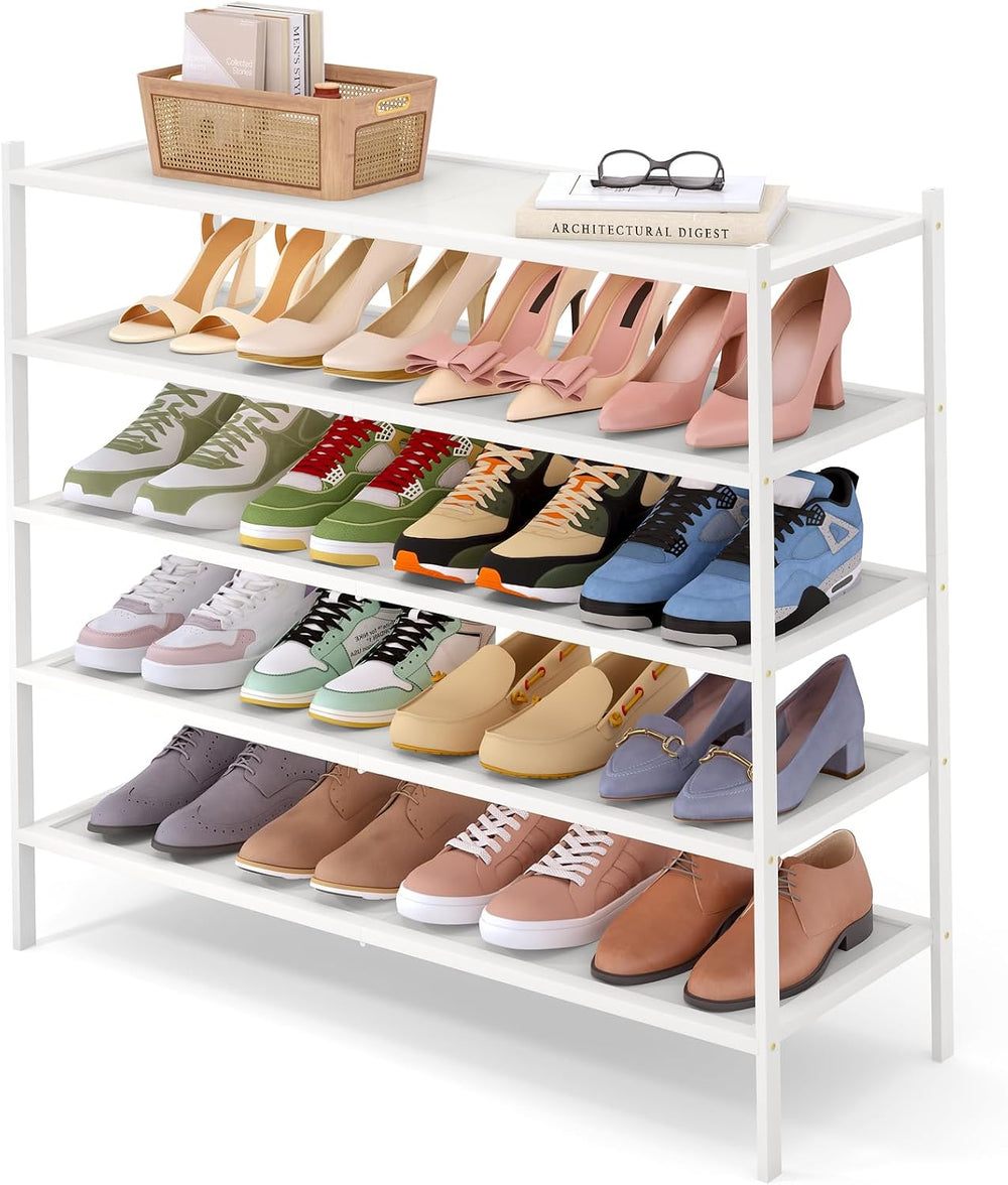 Smiry Bamboo Long Shoe Rack, 5 Tier Shoe Organizer for Closet, White