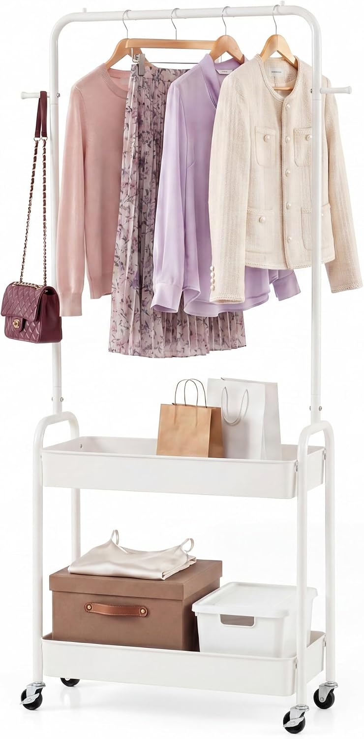 COSTWAY 3 in 1 Rolling Metal Clothes Rack with 2 Baskets & Hooks (White)