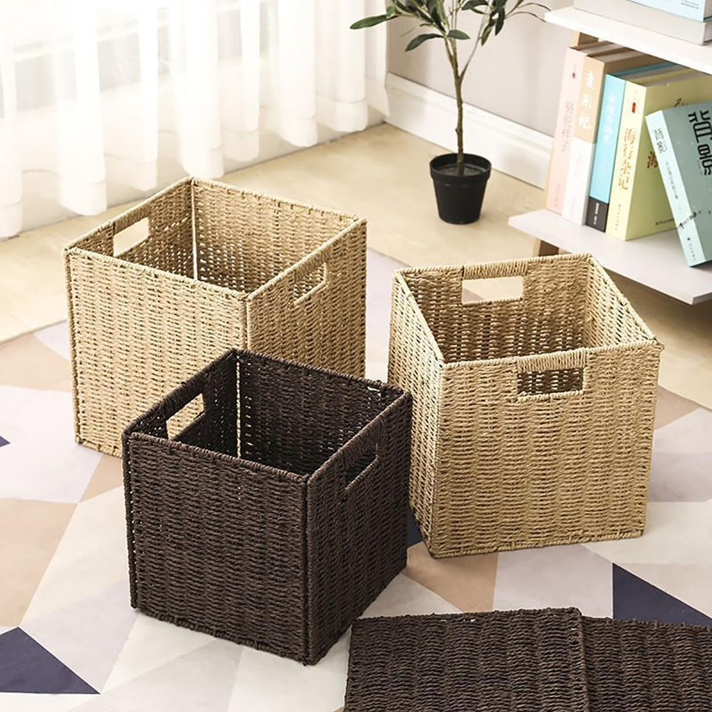 10.5x10.5in Storage Baskets Set of 3 Dark Brown Paper Rope Woven Baskets,Fold...
