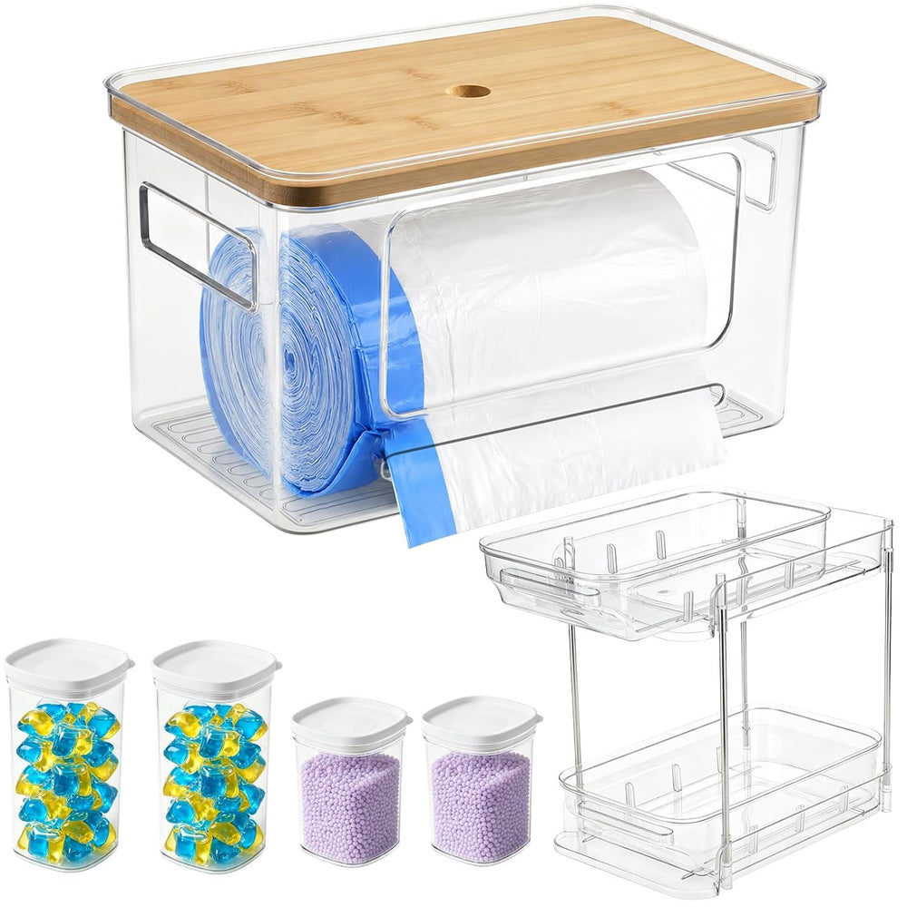 Trash Bag Holder with Bamboo Lid, Stackable Trash bag Dispenser with 2-tier R...