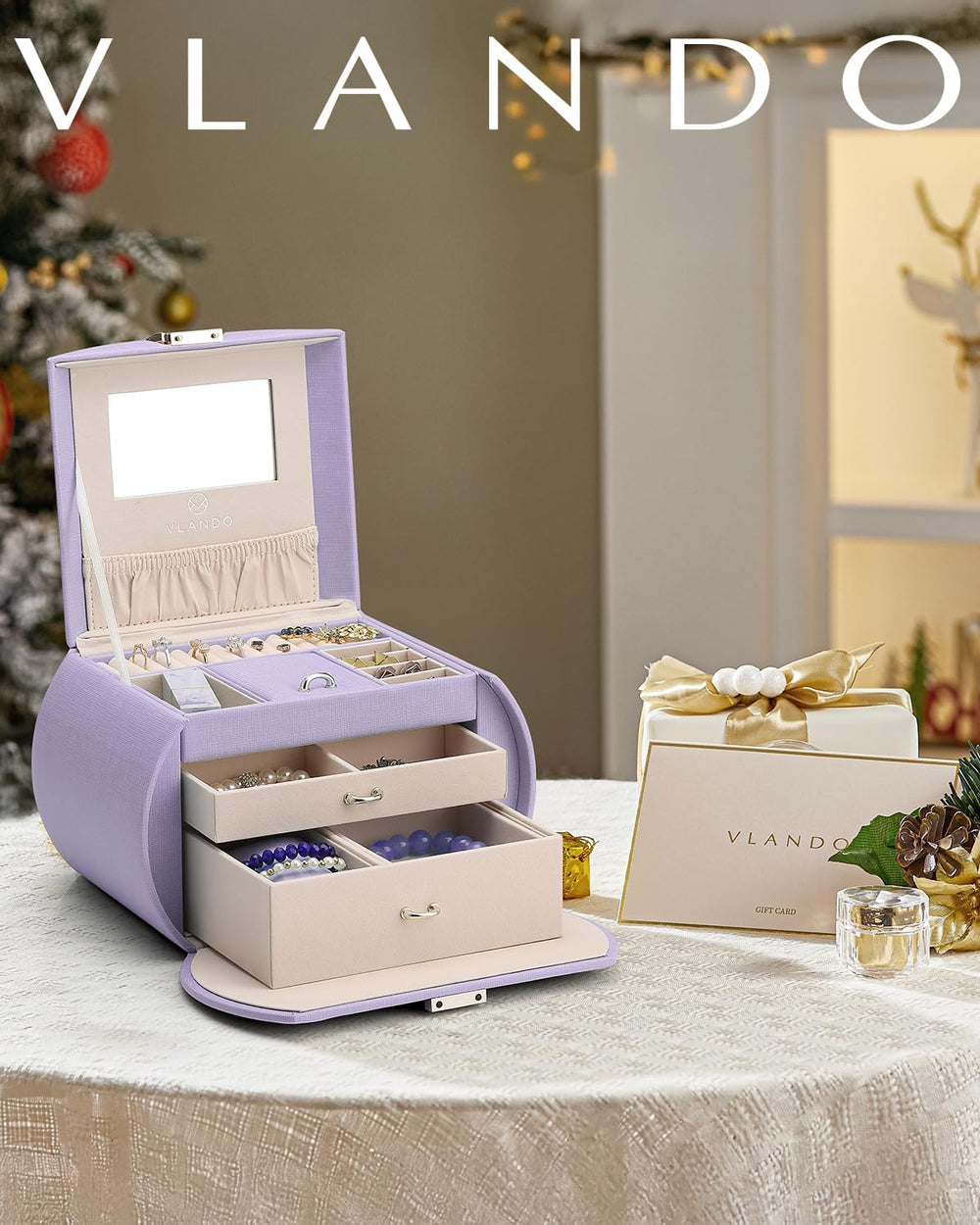 VLANDO 3-Layer Princess Jewelry Box With Mirror For Girls,Purple