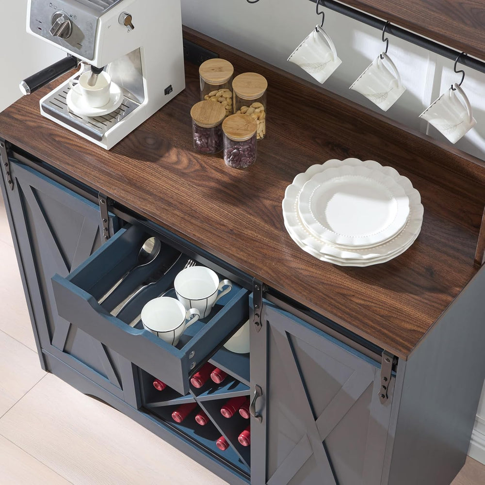 Wnutrees Farmhouse Coffee Bar Cabinet with Charging Station and USB, Blue
