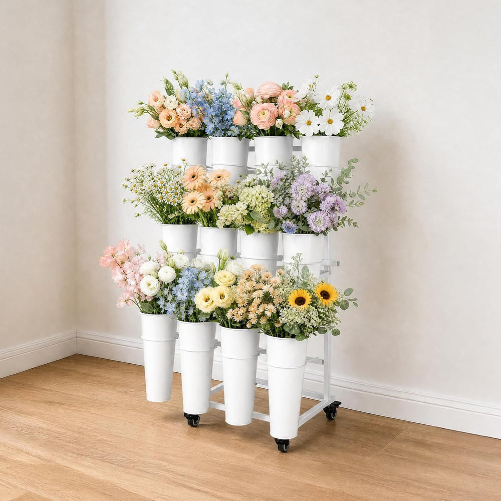 Flower Display Stand With 12 Buckets,3-Tier Flower Bar Stand with Wheels,Flow...
