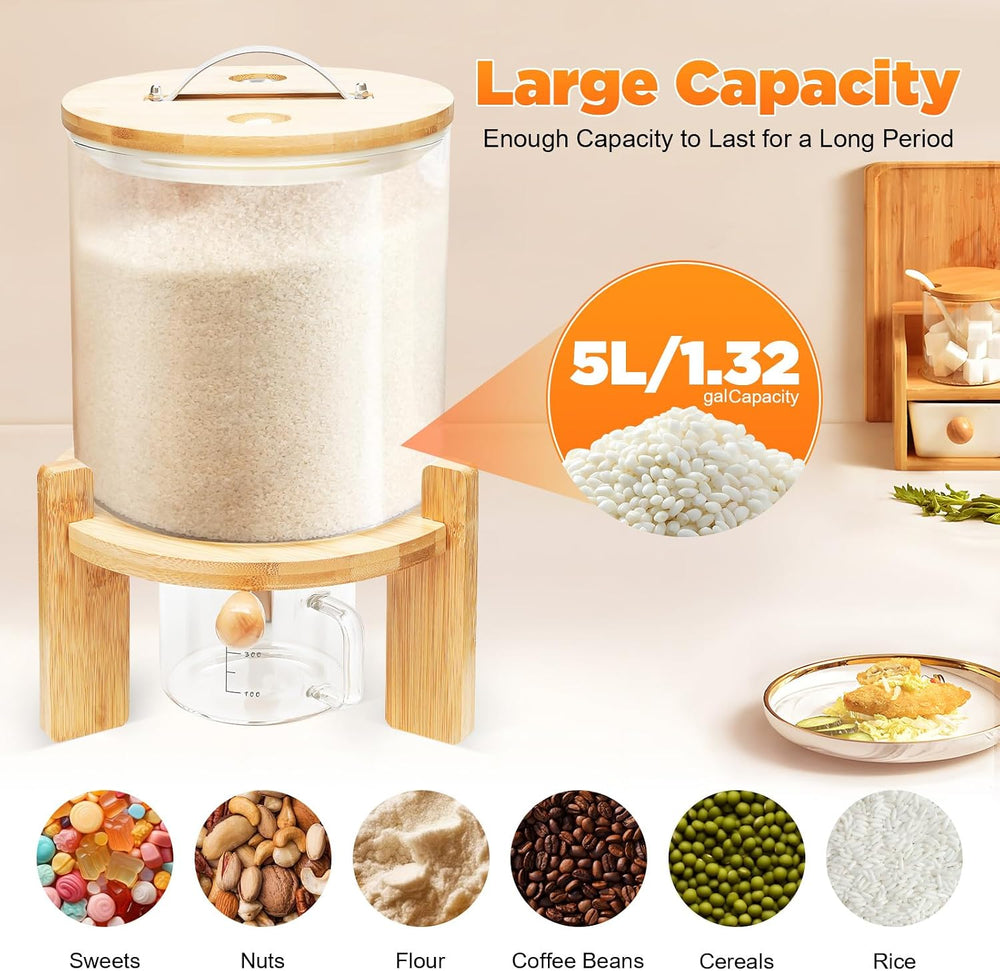 5L Glass Rice Dispenser, Large Airtight Food Storage Bin, Rice Storage Contai...