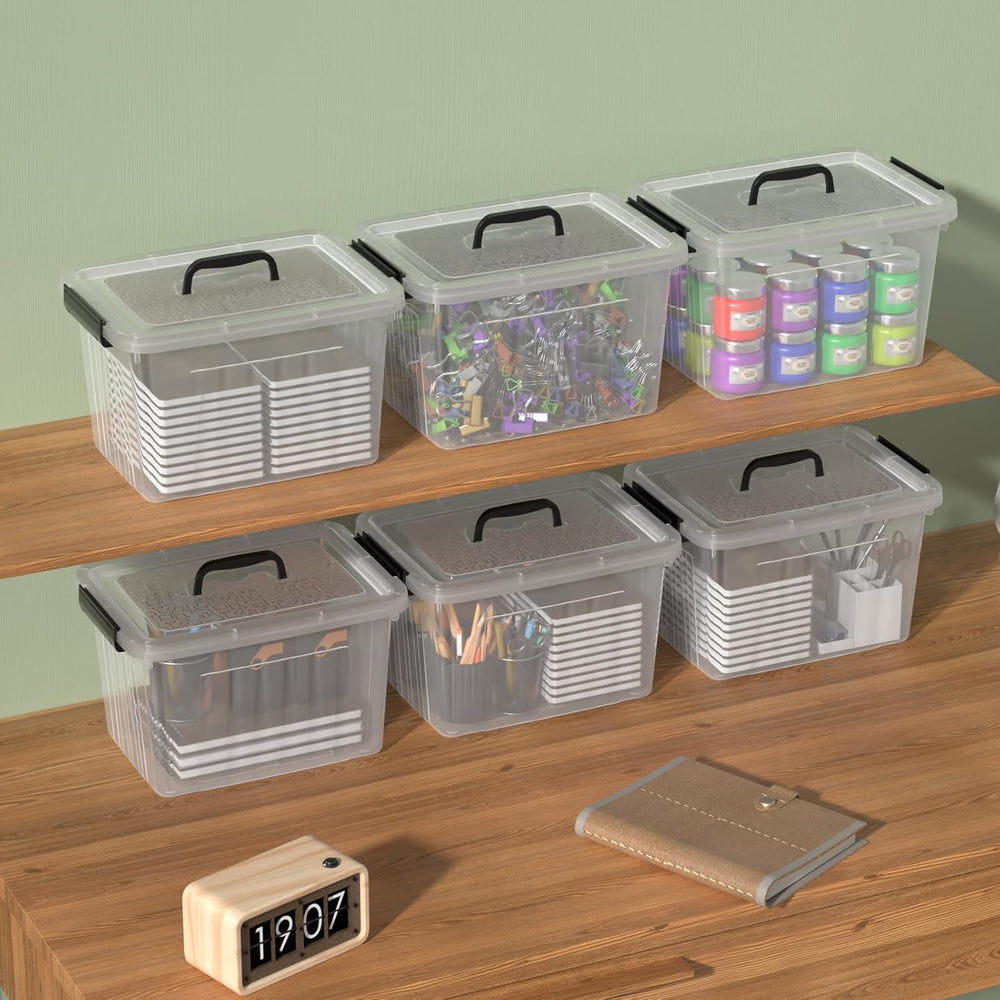 Saedy 6 Pack 12 Quart Plastic Latching Storage Box with Handle, Clear
