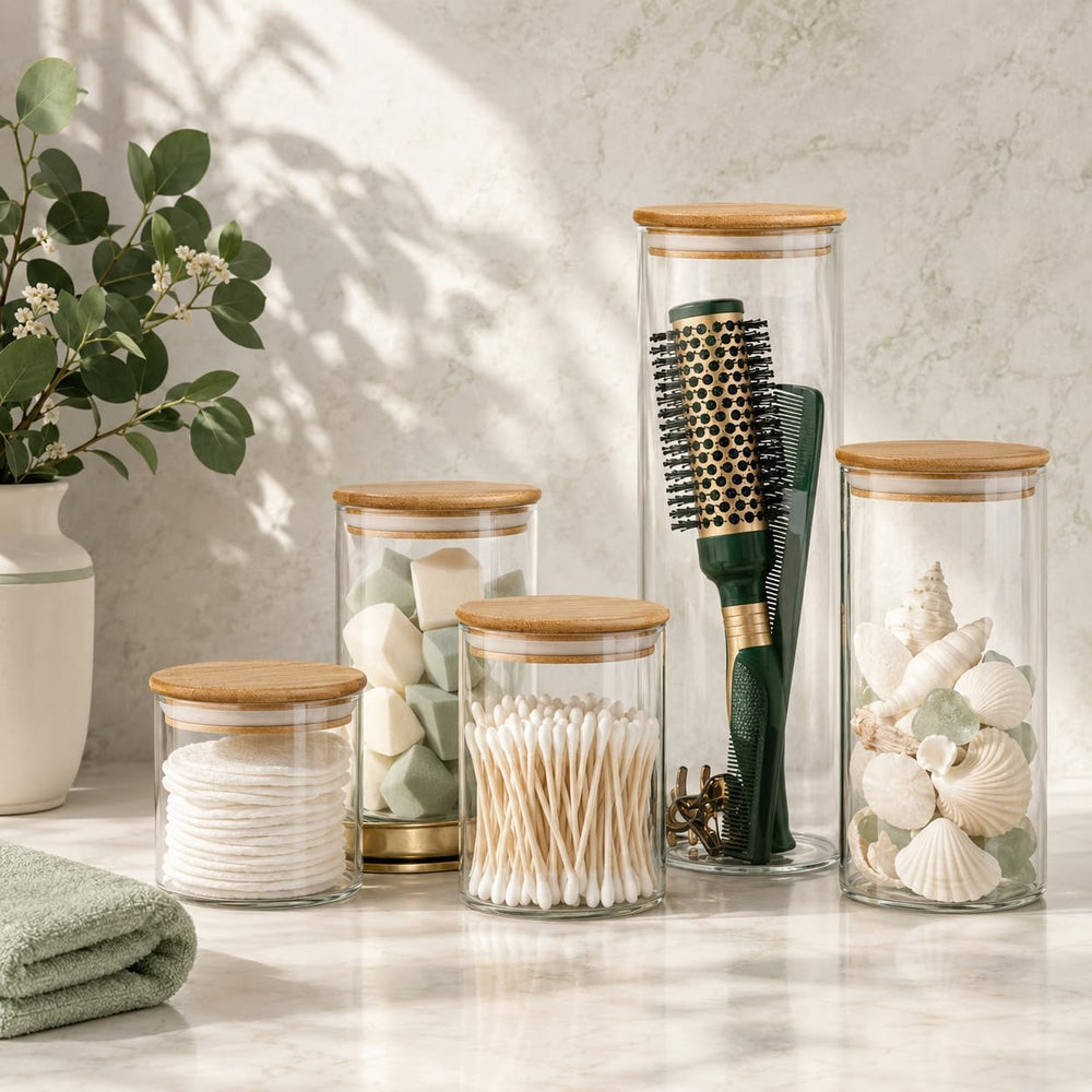 Set of 5 Glass Kitchen Canisters with Airtight Bamboo Lid - Glass Storage Jar...