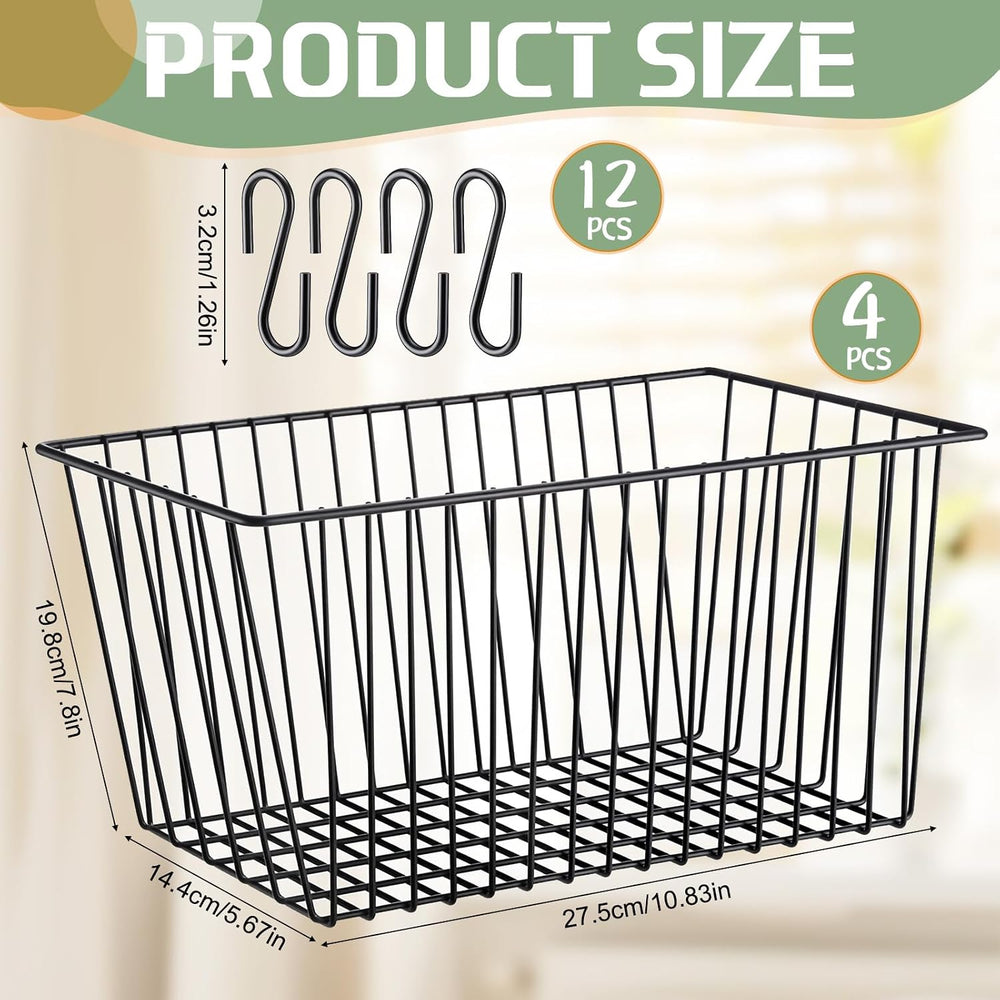 4pcs Hanging Wire Basket Set with S Hooks, 10.8''x7.8''x5.6
