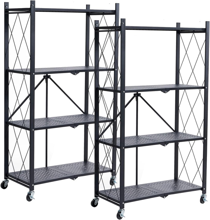 BRIAN & DANY Metal Storage Shelves - 4 Tier Shelving Unit, Folding Display Shelf Racks No Assembly for Vendors and Craft Shows, Black (2Pcs)