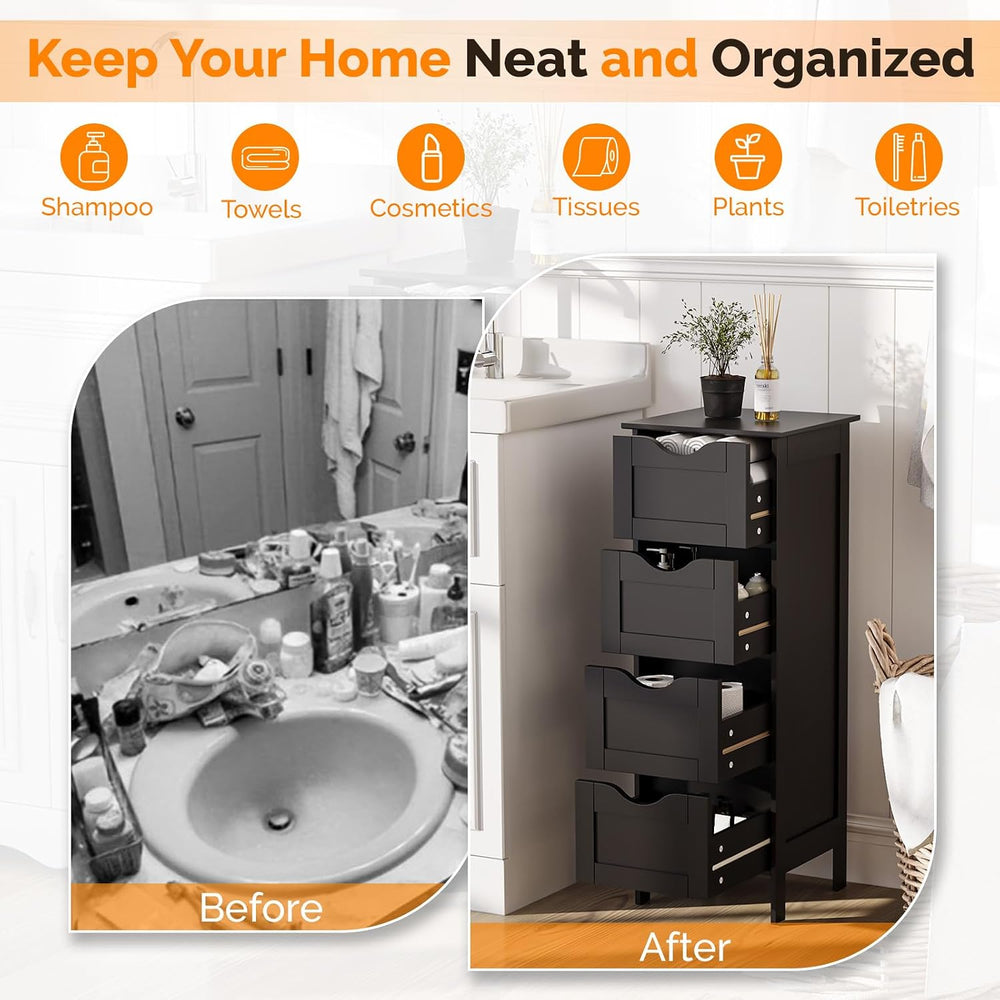 VINGLI Black Bathroom Storage Cabinet with 4 Drawers, Slim Freestanding Floor...