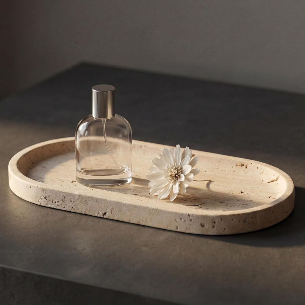 YKAJO Natural Travertine Beige Oval Marble Tray, 11.8x5.9 Vanity Organizer