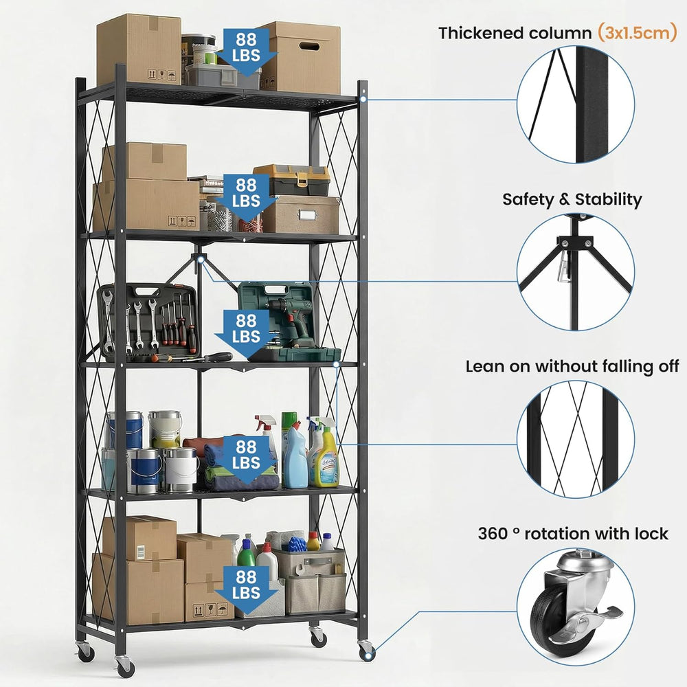 ALANNG 70.7" H Metal Storage Shelves, 5 Tier Folding Shelf on Wheels