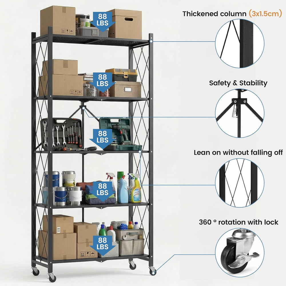 ALANNG 70.7" H Metal Storage Shelves, 5 Tier Folding Shelf on Wheels