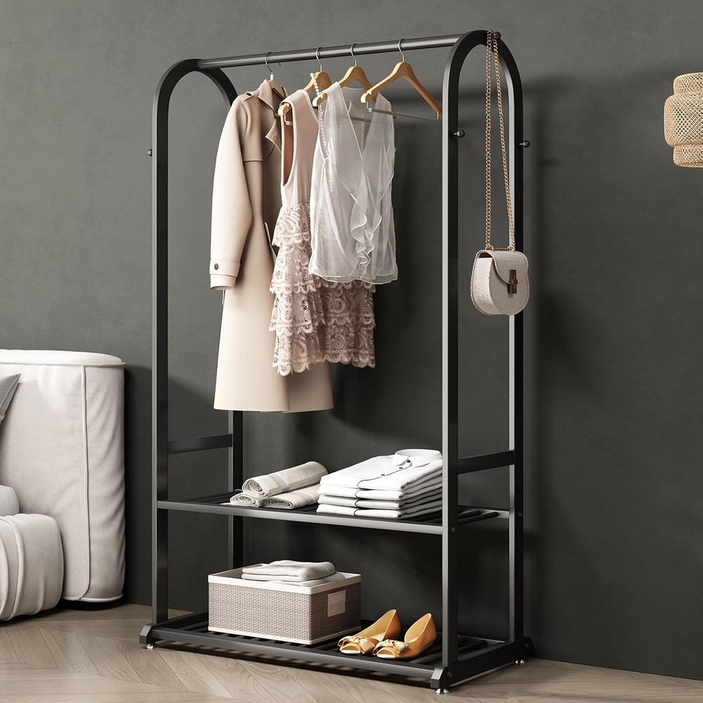 Freestanding Clothing Rack,Metal Garment Rack with Bottom Shelves and 6 Side ...