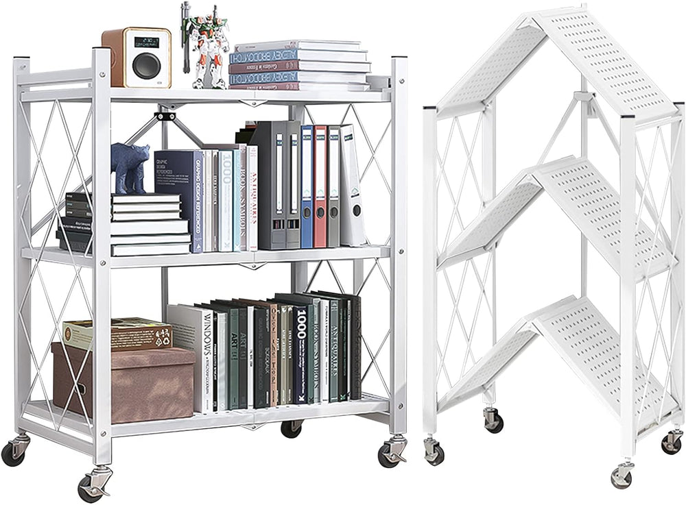 3-Tier Foldable Standing Shelf Units with Wheels, Industrial Style, Heavy Dut...