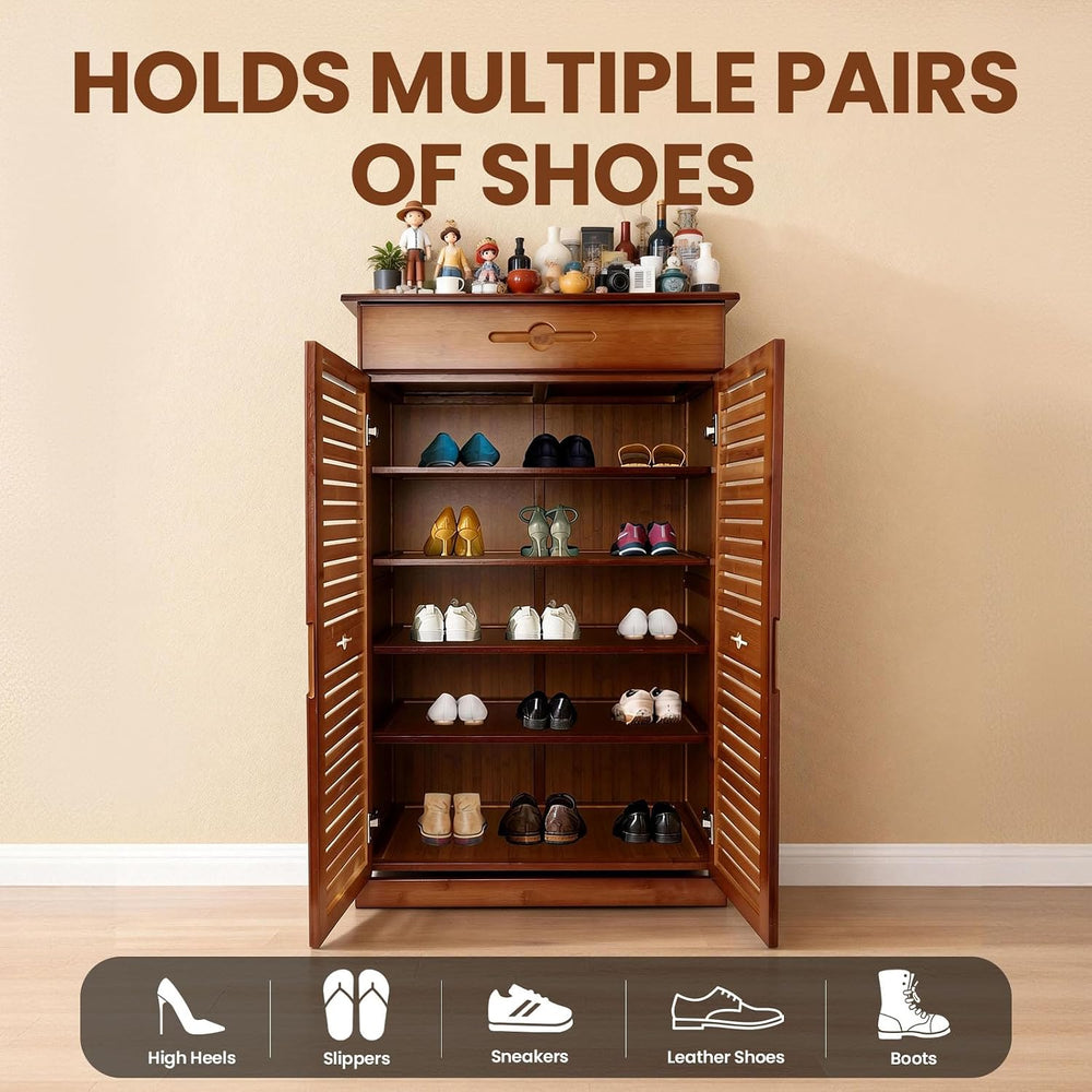 5 Tier Shoe Cabinet with Drawer, Bamboo Shoe Cabinet Organizer with Door, Ret...