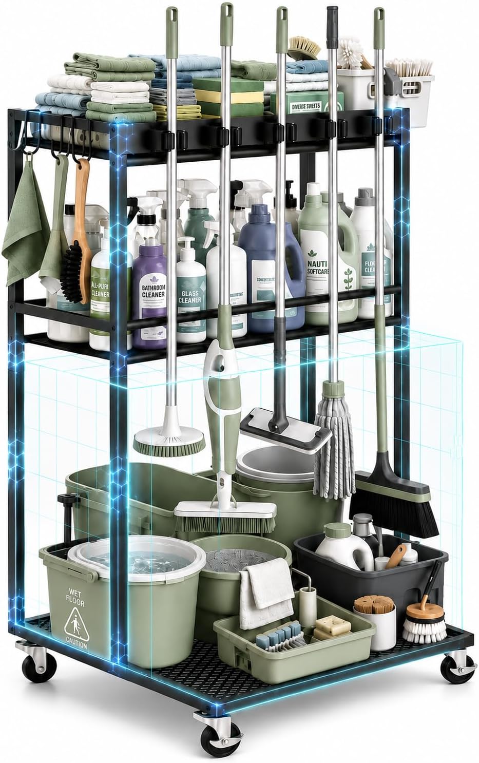 Cleaning Supplies Organizer Cart with Wheels, Broom and Mop Holder with 5 Gri...
