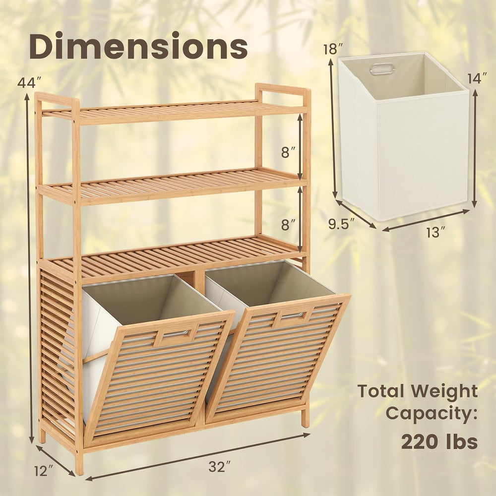 GOFLAME Bamboo Double Tilt Out Laundry Hamper Cabinet with Shelves