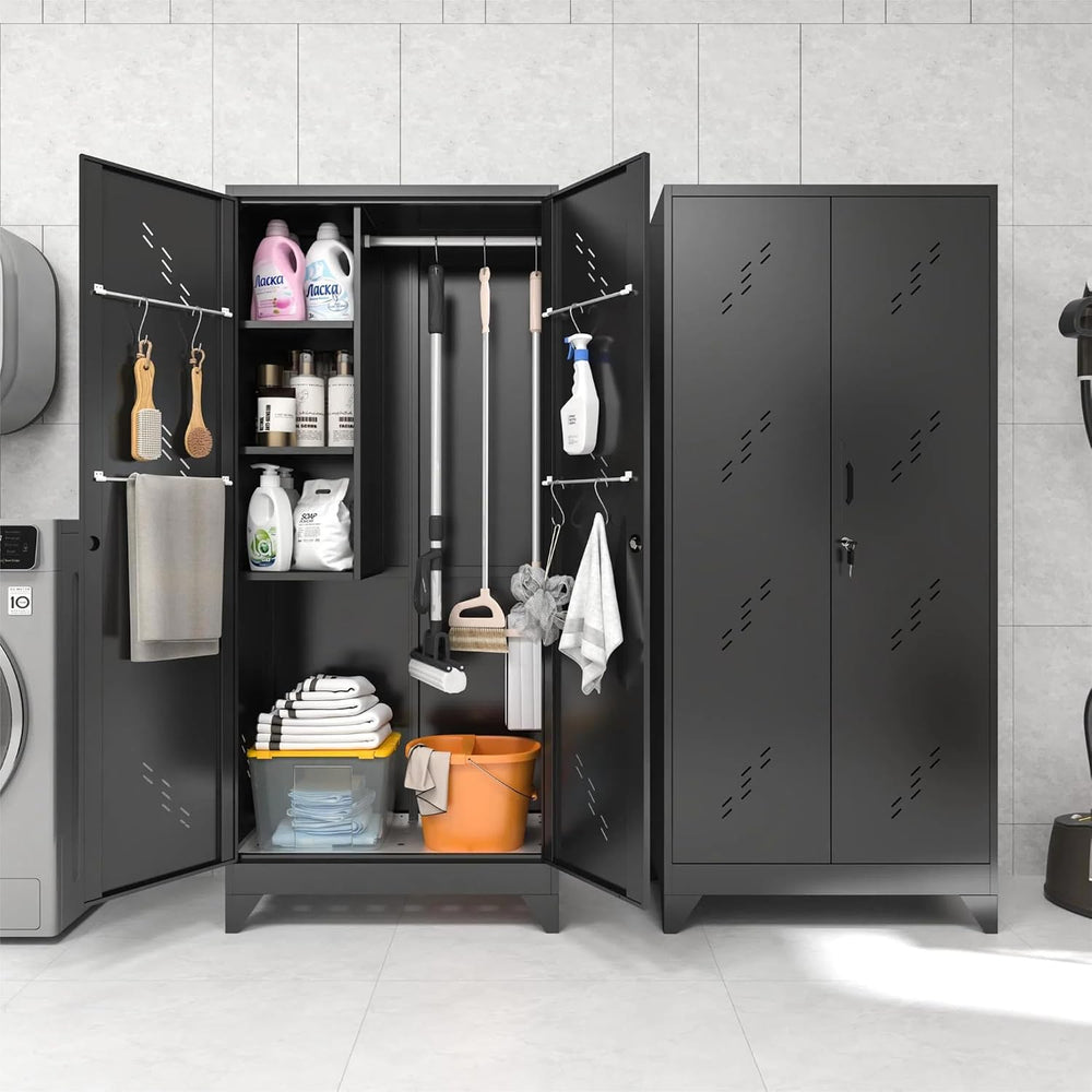 75" Metal Storage Cabinet with Lockable Doors,Utility Closet,Black