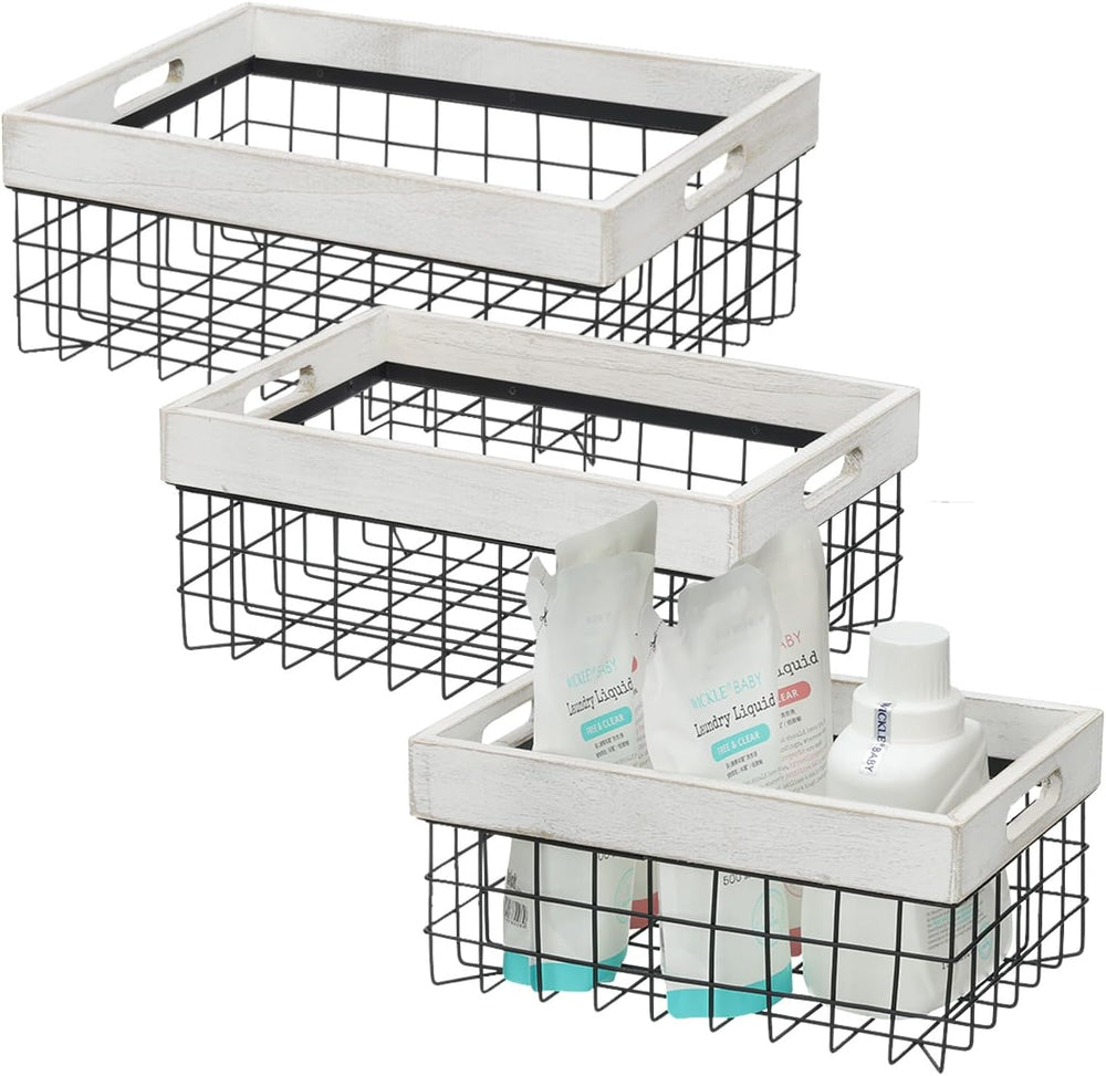 Set of 3 Metal Wire Baskets for Organizing Wood Top with Handles Storage Orga...