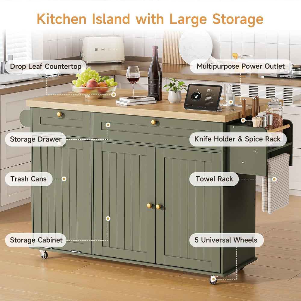 60" Kitchen Island with Drop Leaf & Trash Can Storage, Green+Brown
