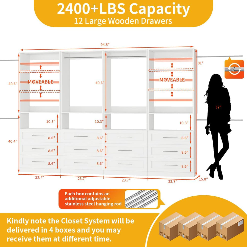 Closet System with 12 Drawers, 96" Wooden Closet Organizer System