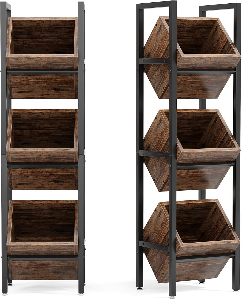 LITTLE TREE 3-Tier Basket Stand, Wooden Floor Stand Shelving Unit, Standing O...