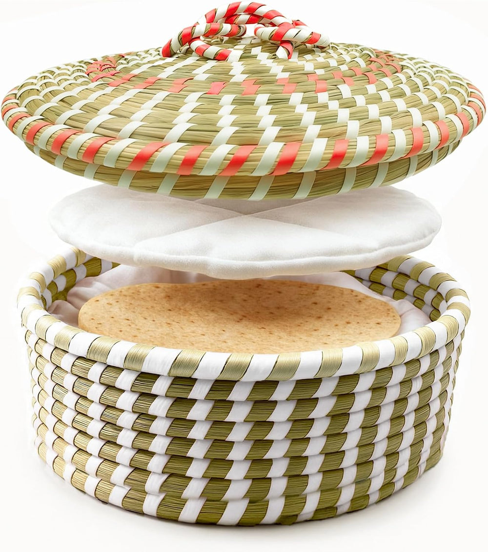Handwoven Seagrass Tortilla Warmer Basket with Lid, 9.6" Breathable Natu...