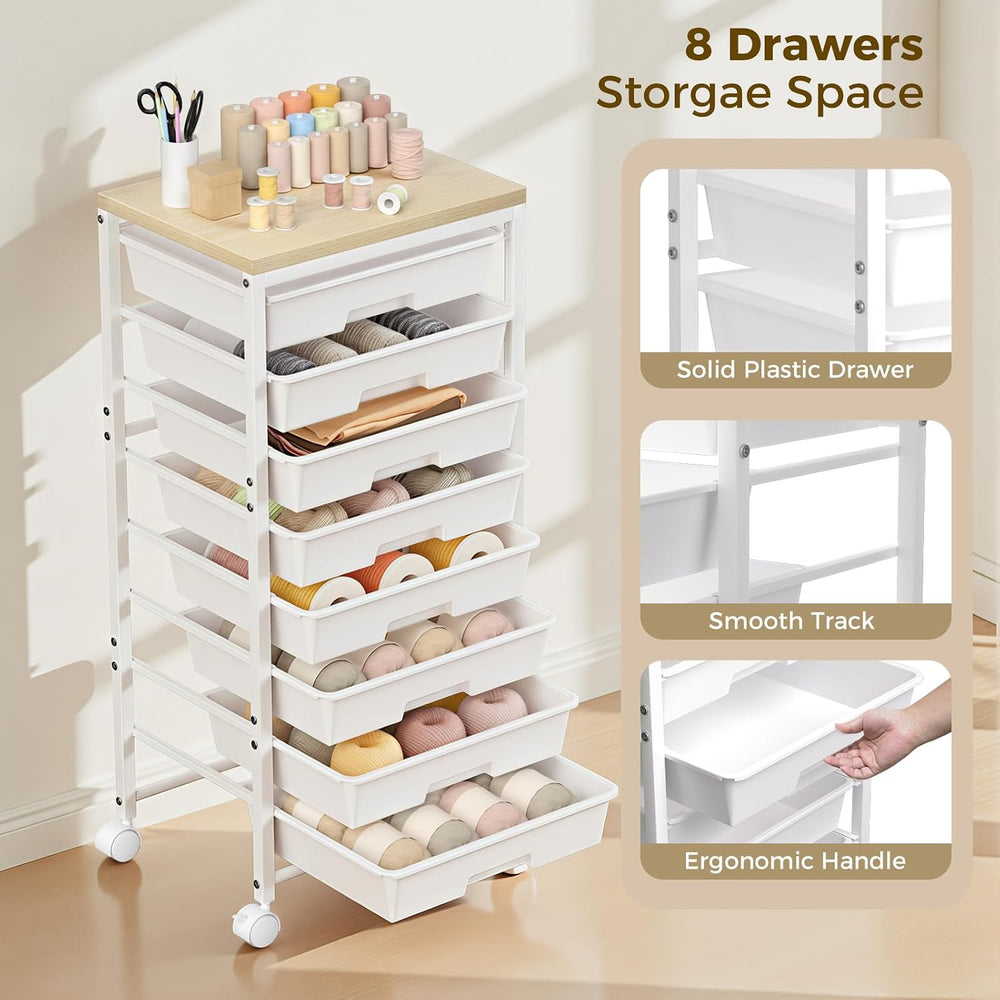Rolling Cart with 8 Drawers, Plastic Drawer Storage Carts with Wheels & W...