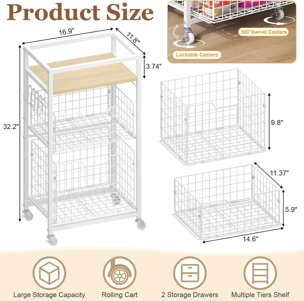 Hongtamoya 3 Tier Laundry Room Cart with Pull-Out Baskets, Storage Cart with ...