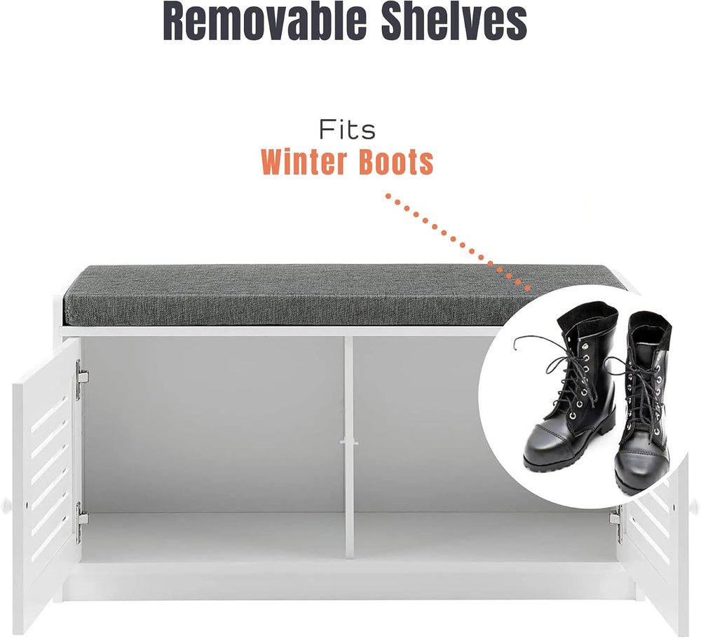 Sturdis - Shoe Storage Bench - Adjustable Shelves & Cushion Seat, White