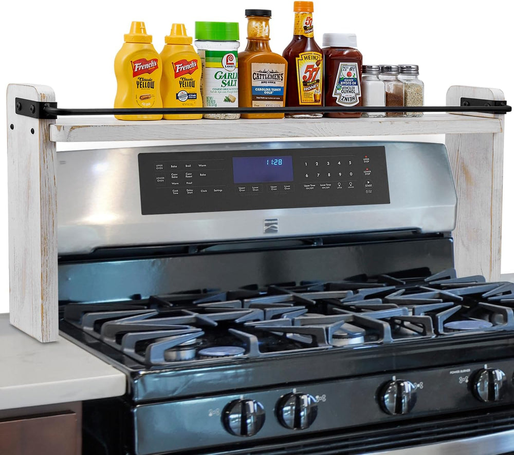MyGift 33-Inch Stove Top Spice Shelf, Whitewashed Wood Black Metal Rack