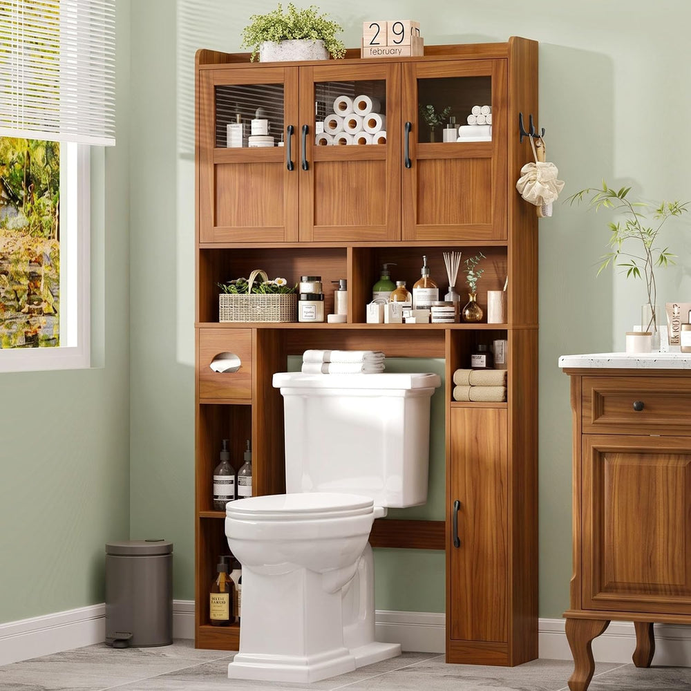 Vabches Farmhouse Over The Toilet Cabinet with 3 Acrylic Doors,Walnut