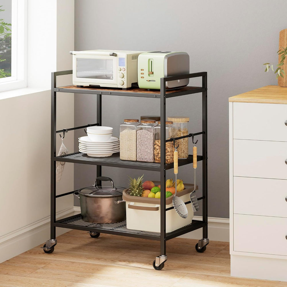 3-Tier Metal Storage Rack with Industrial Wheels,Mesh Shelving Unit with Wood...