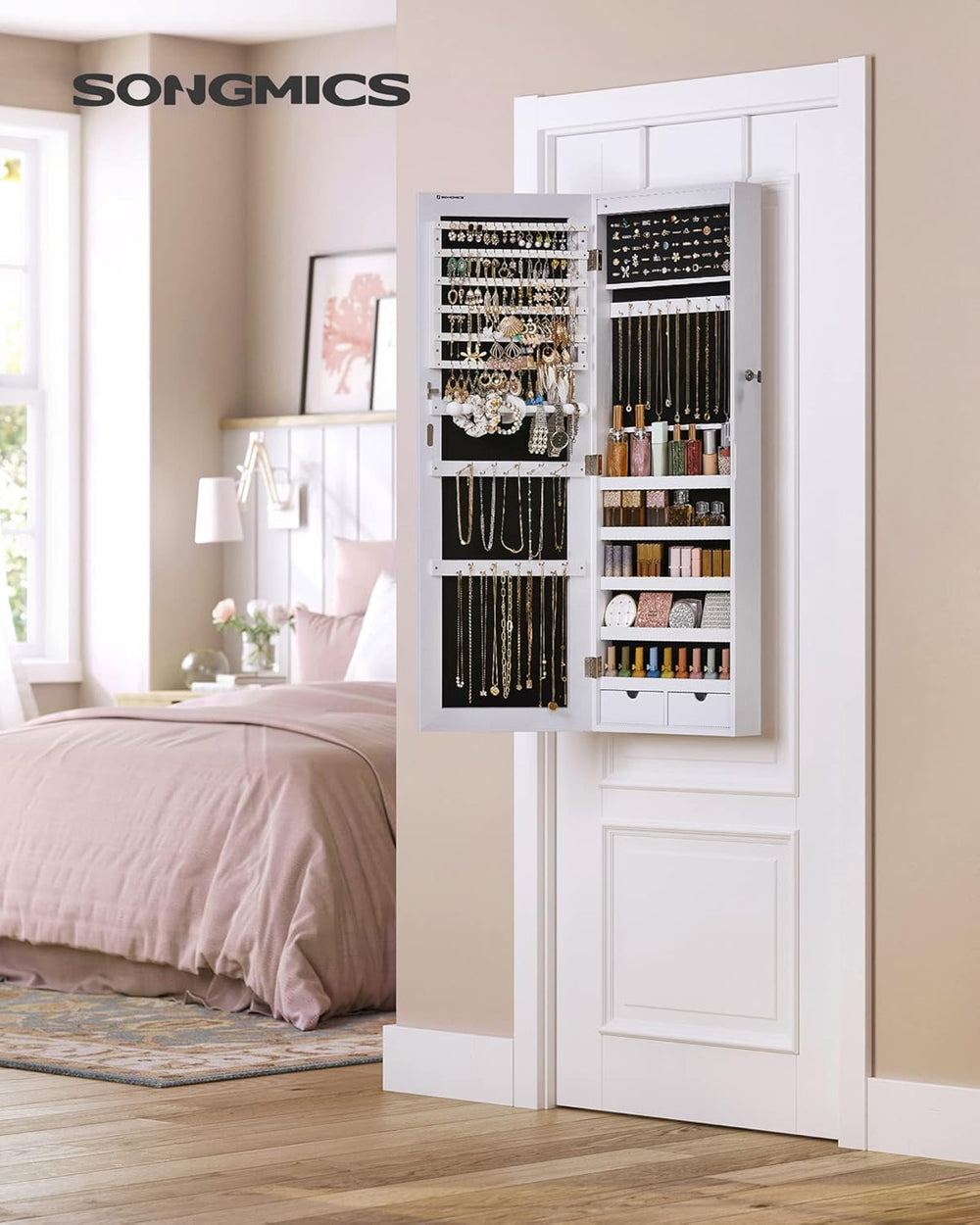 SONGMICS Mirror Jewelry Cabinet Armoire, Wall or Door Mounted, Lockable