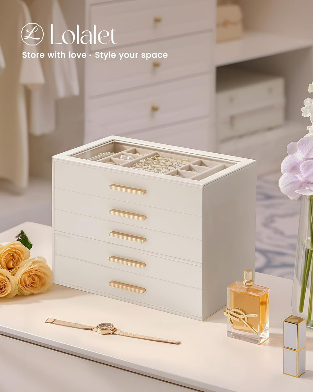 Lolalet Jewelry Box Organizer, 5-Layer Jewelry Storage Case -Beige