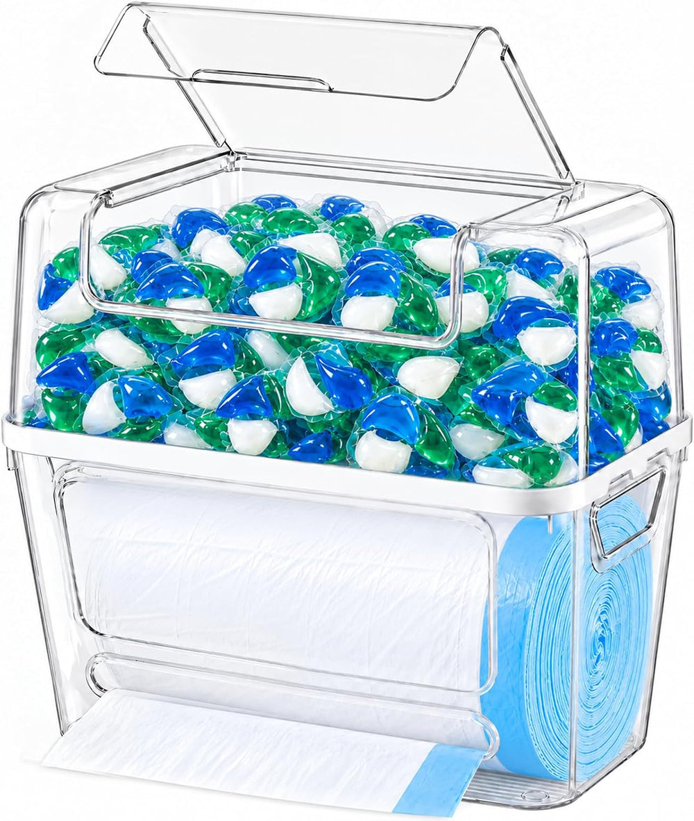 Trash Bag Dispenser, 2 in 1 Dishwasher Pods Container with Flip-Top Lid, Tras...